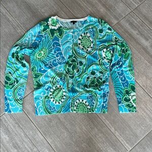 Talbots Blue and Green Patterned lightweight cardigan size L